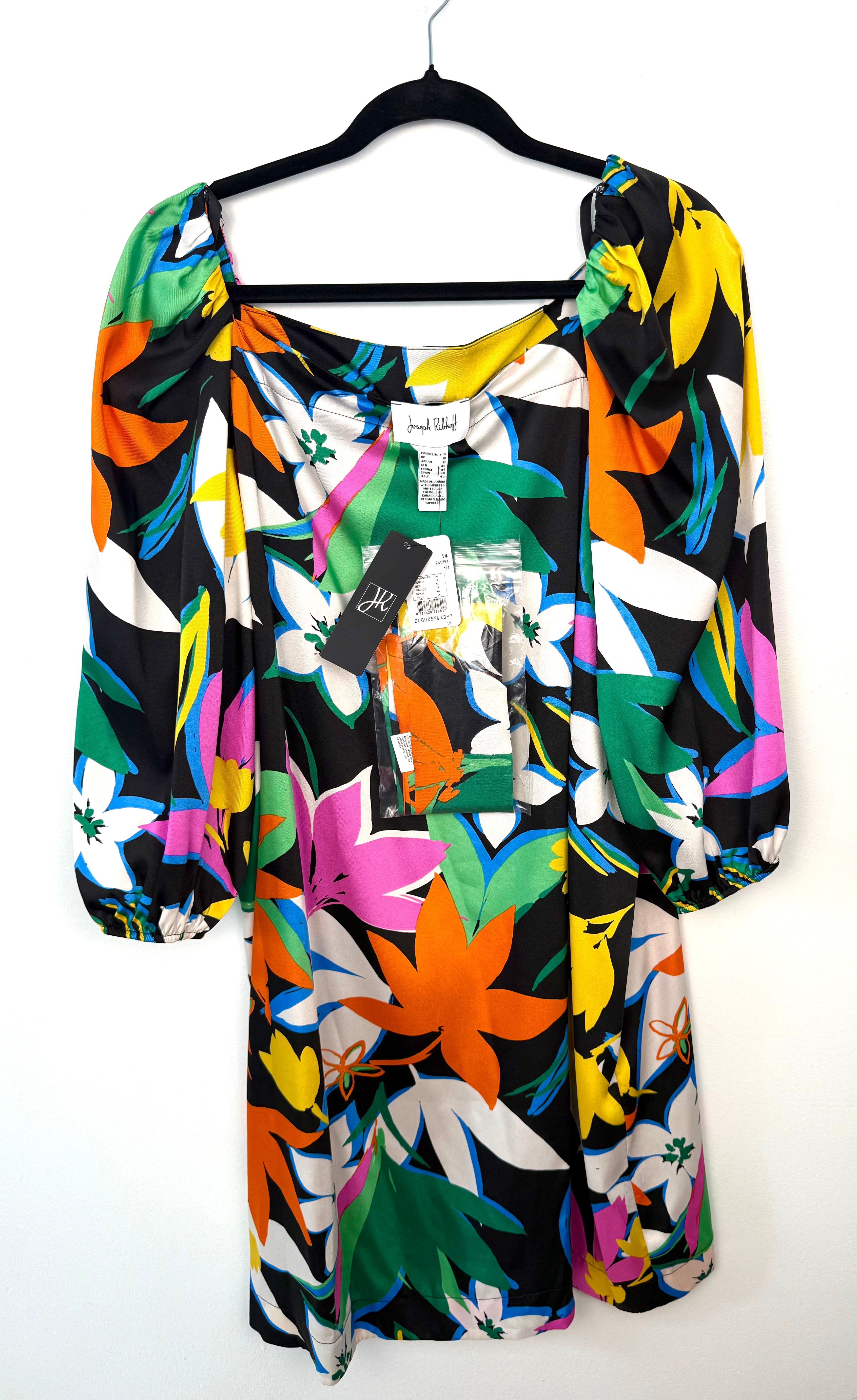 Joseph Ribkoff floral dress size 14 multicolor bold print puff sleeve Made in Canada