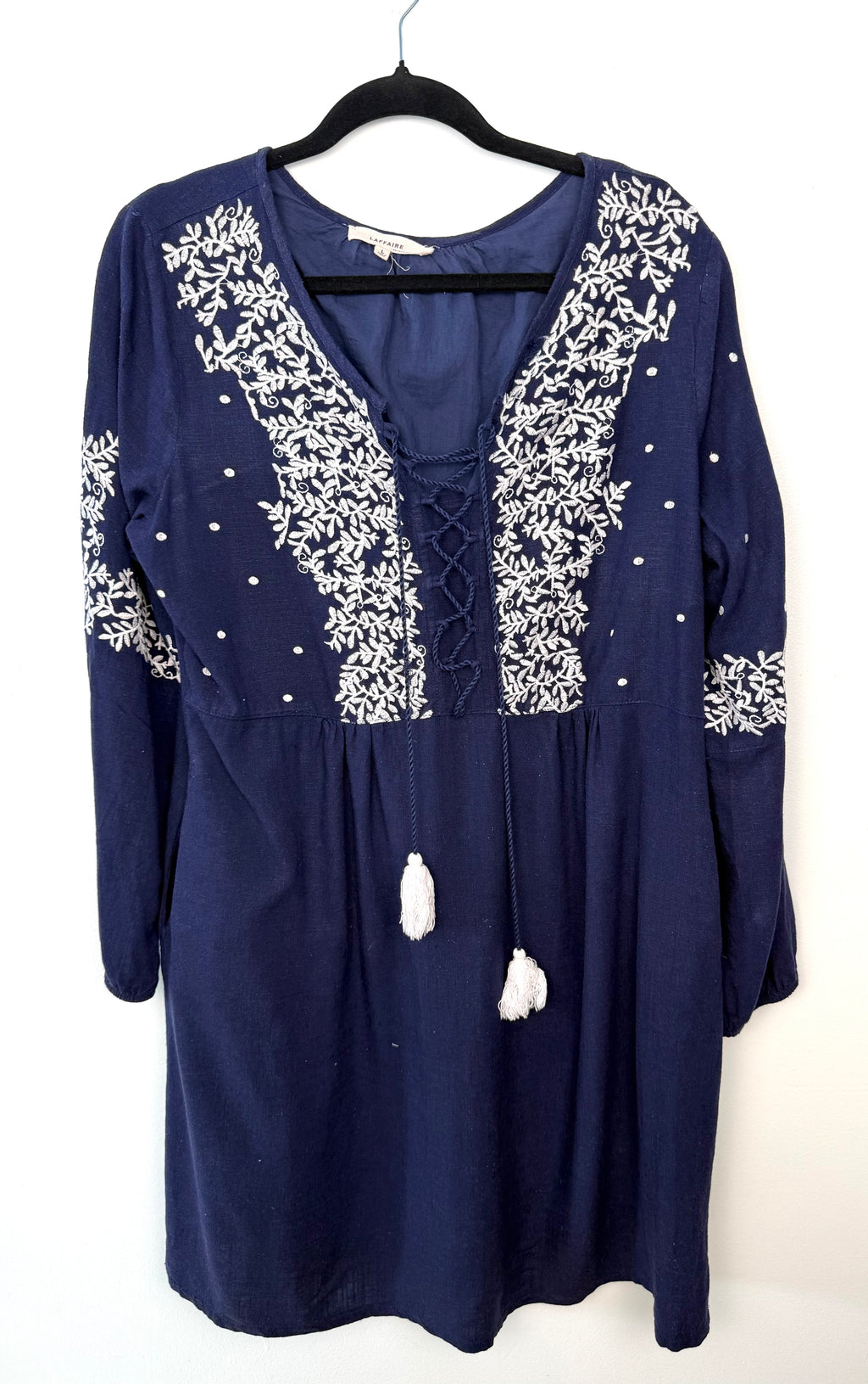 LafFaiRe Los Angeles navy linen blend embroidered boho dress size large