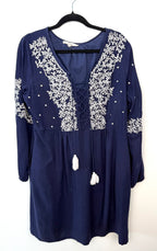LafFaiRe Los Angeles navy linen blend embroidered boho dress size large