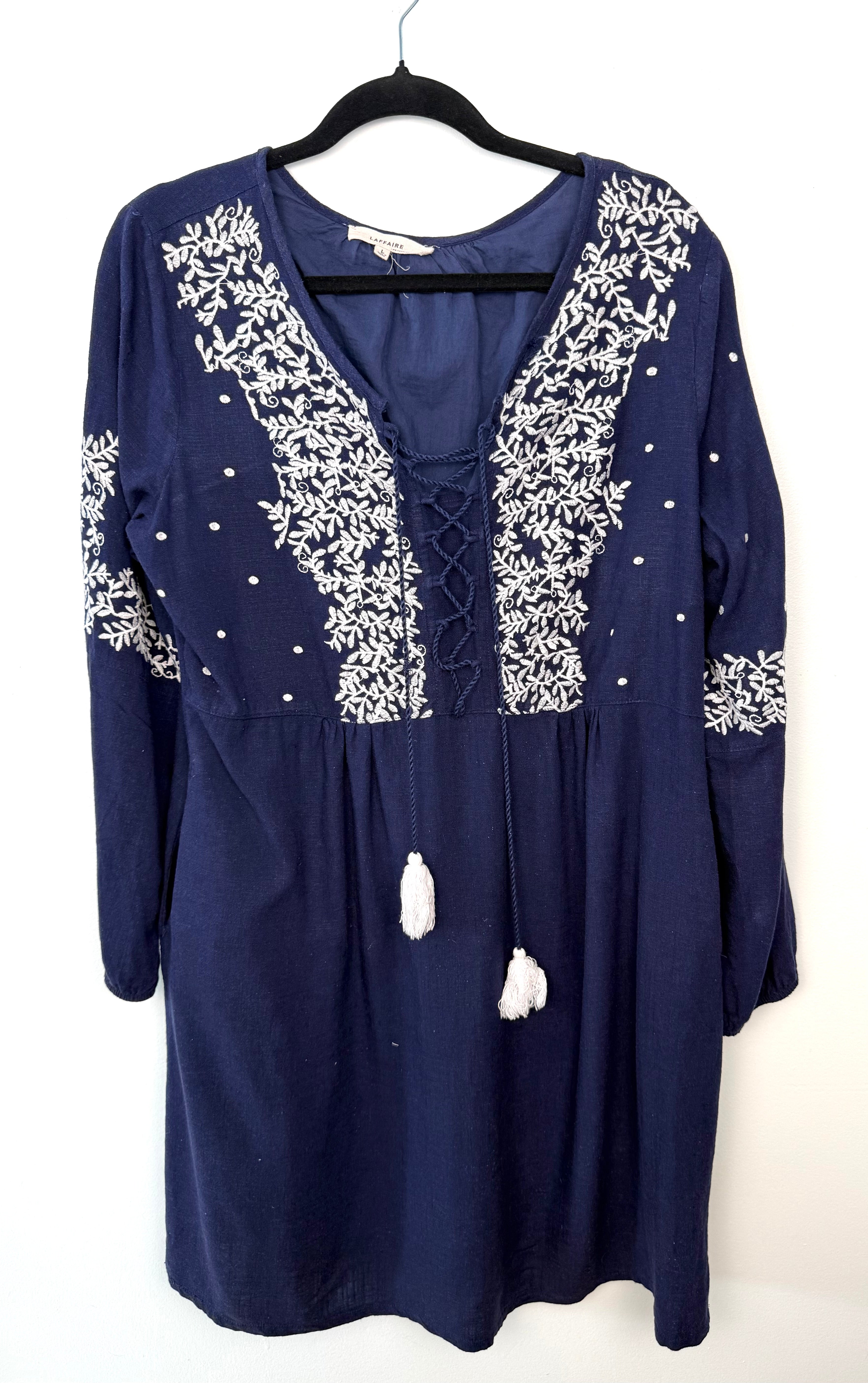 LafFaiRe Los Angeles navy linen blend embroidered boho dress size large