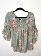 MOD Lusive sage green floral peasant blouse with ruffle bell sleeves size small front view