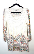 Roxy boho print tunic top size small cream long sleeve geometric border blouse front view
