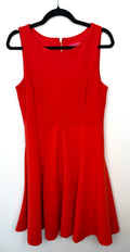 Betsey Johnson red sleeveless fit and flare dress size 10 front view with scoop neckline and structured waist seam.