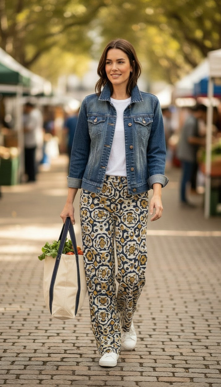 GAP 100% Cotton Classic Trucker Denim Jacket — Medium Wash | Size M Blue Sparrow Shop on woman walking outside
