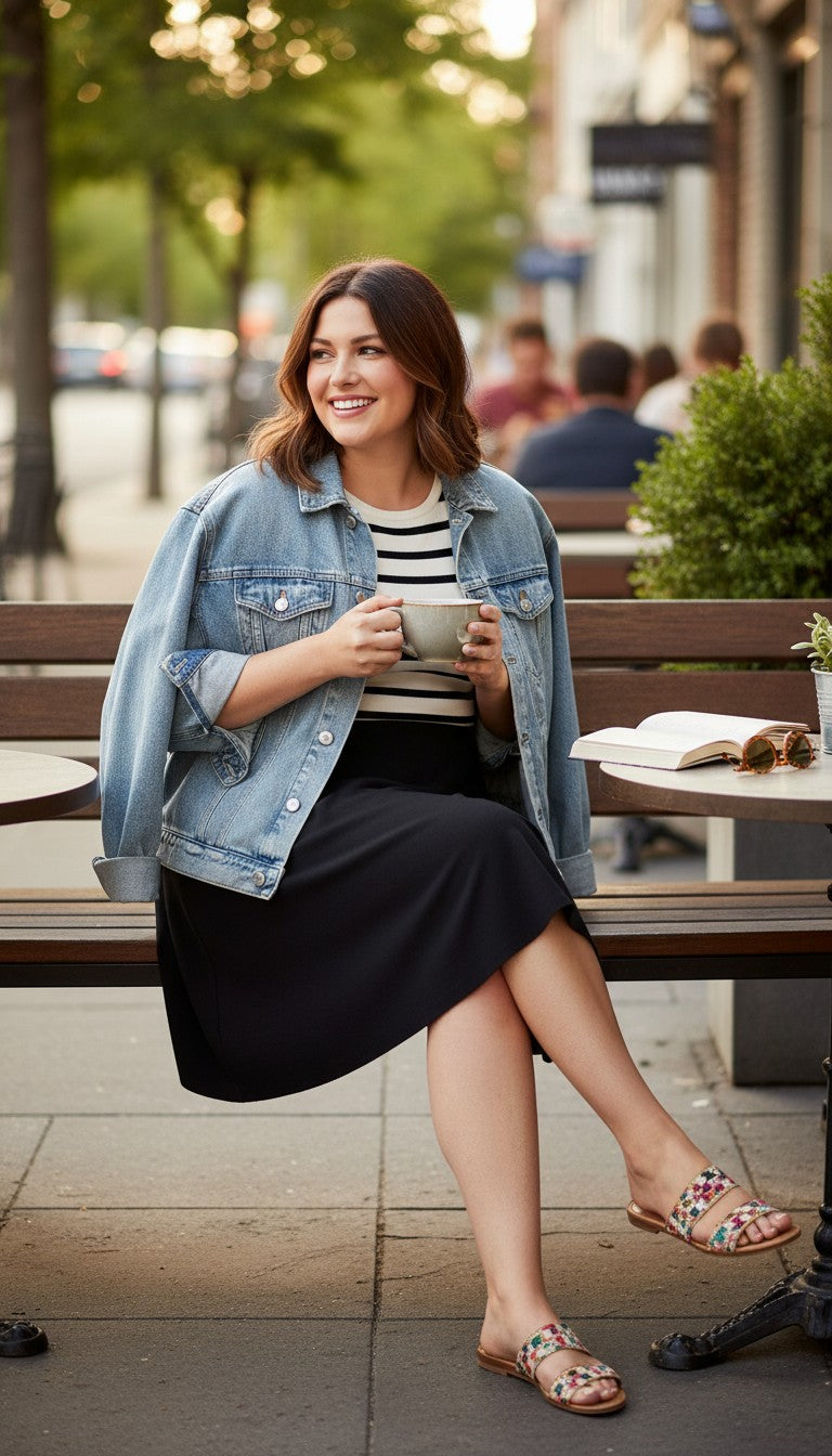 GAP 100% Cotton Sleeveless Fit-and-Flare Knit Dress | Size L at Blue Sparrow shop on a woman wearing a jean jacket on a park bench