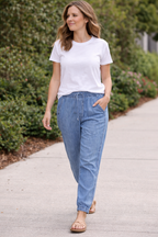 GAP Chambray Denim Jogger Pants | Size S/M at Blue Sparrow Shop on woman walking outside