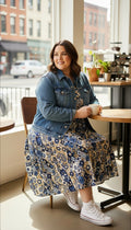 GAP Classic Denim Trucker Jacket | Oversized XS at Blue Sparrow Shop on woman in floral dress at cafe