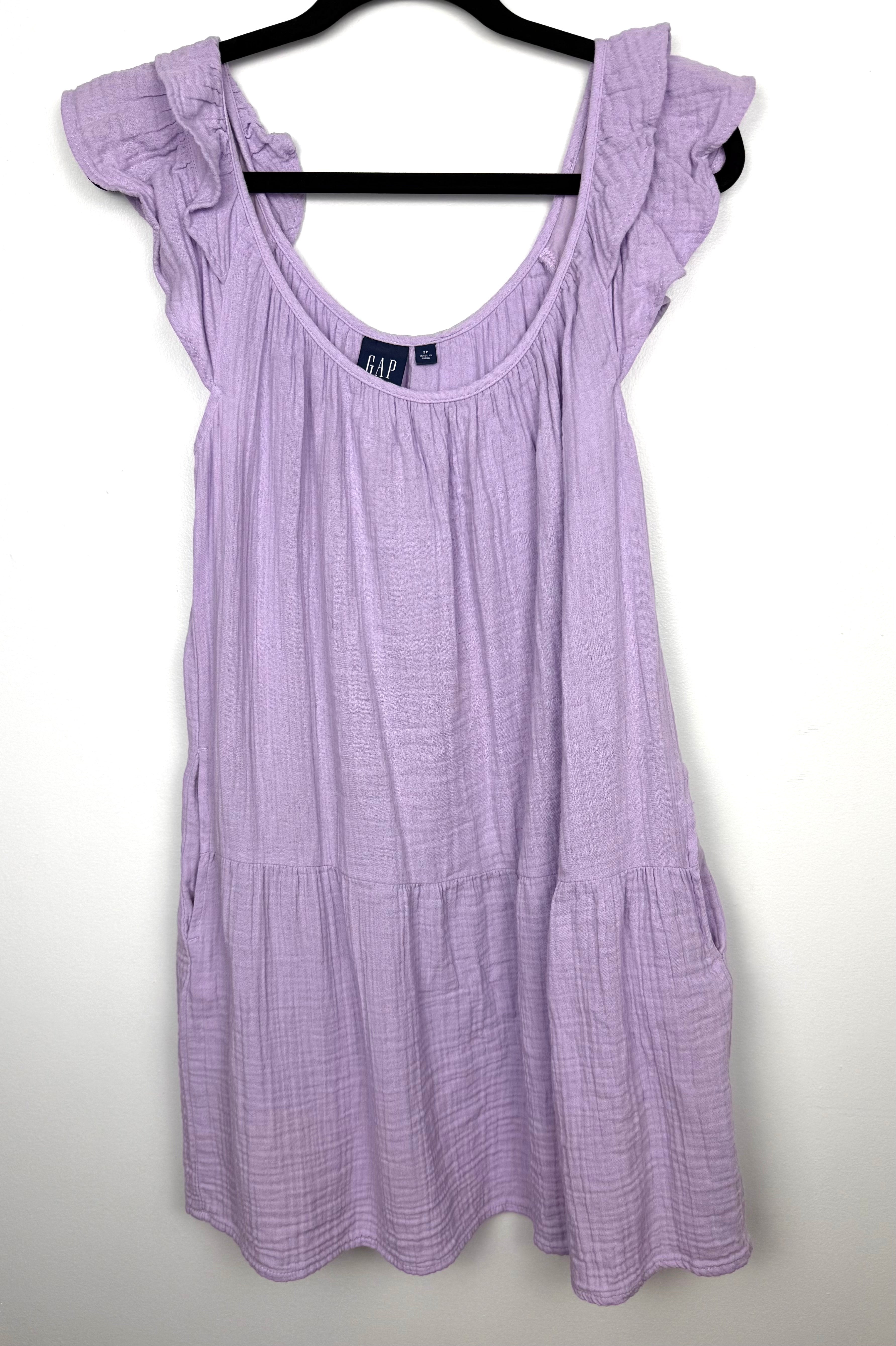 Gap Cottagecore lilac summer dress with ruffle sleeves on hanger 