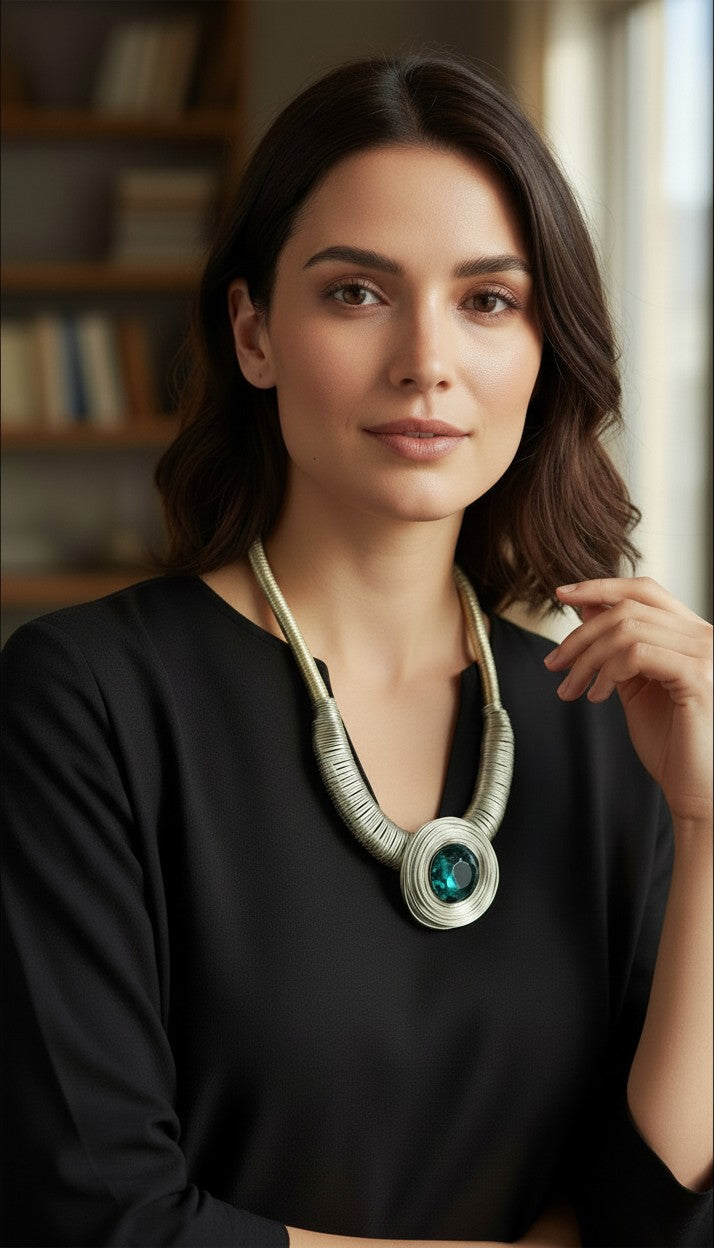 Gold-tone wire coil statement necklace with dark green faceted faux crystal pendant at Blue Sparrow Shop on woman with black shirt on 