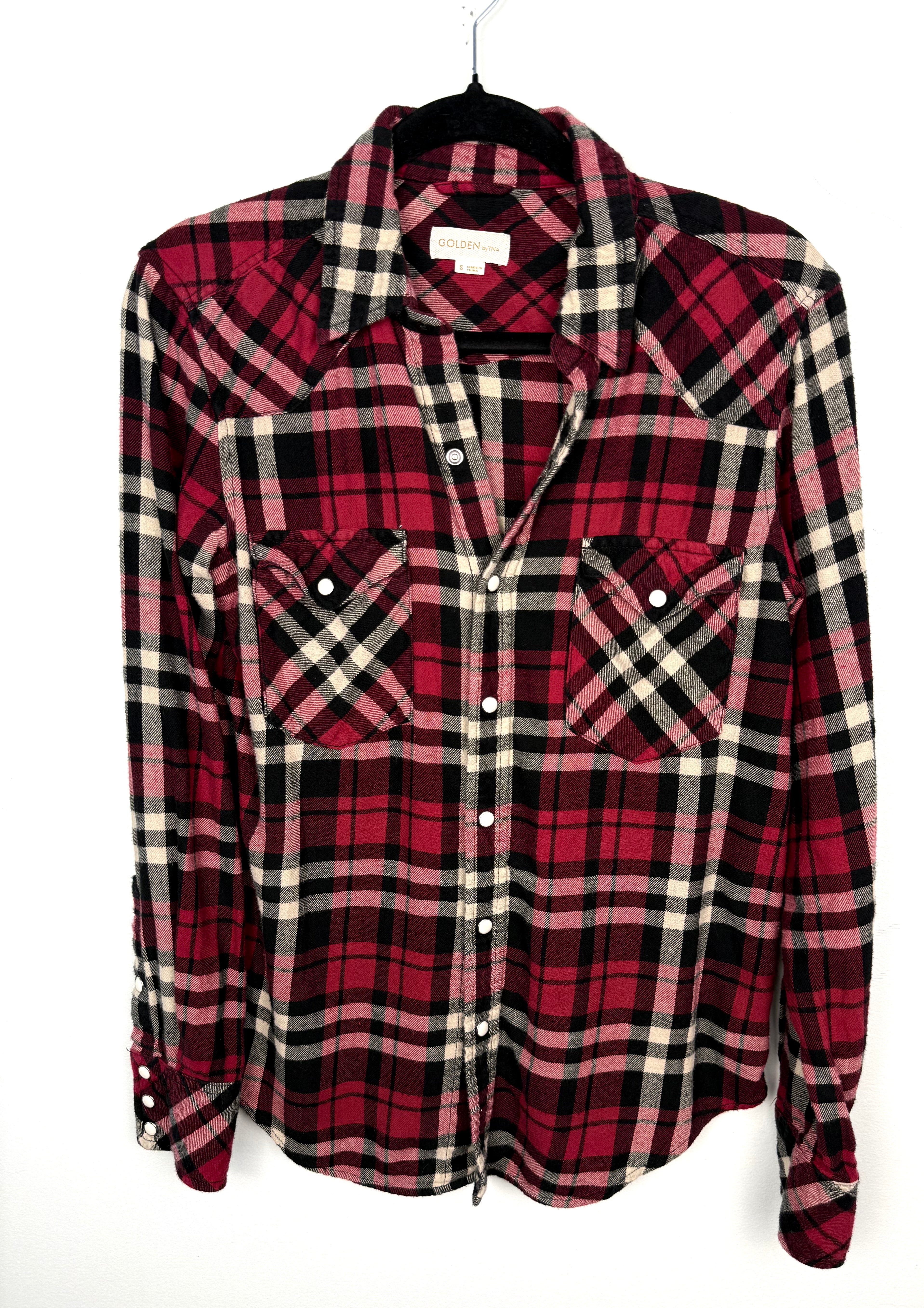 Golden by TNA Women's Red Plaid Flannel Snap Front Shirt | Size Small | 100% Cotton