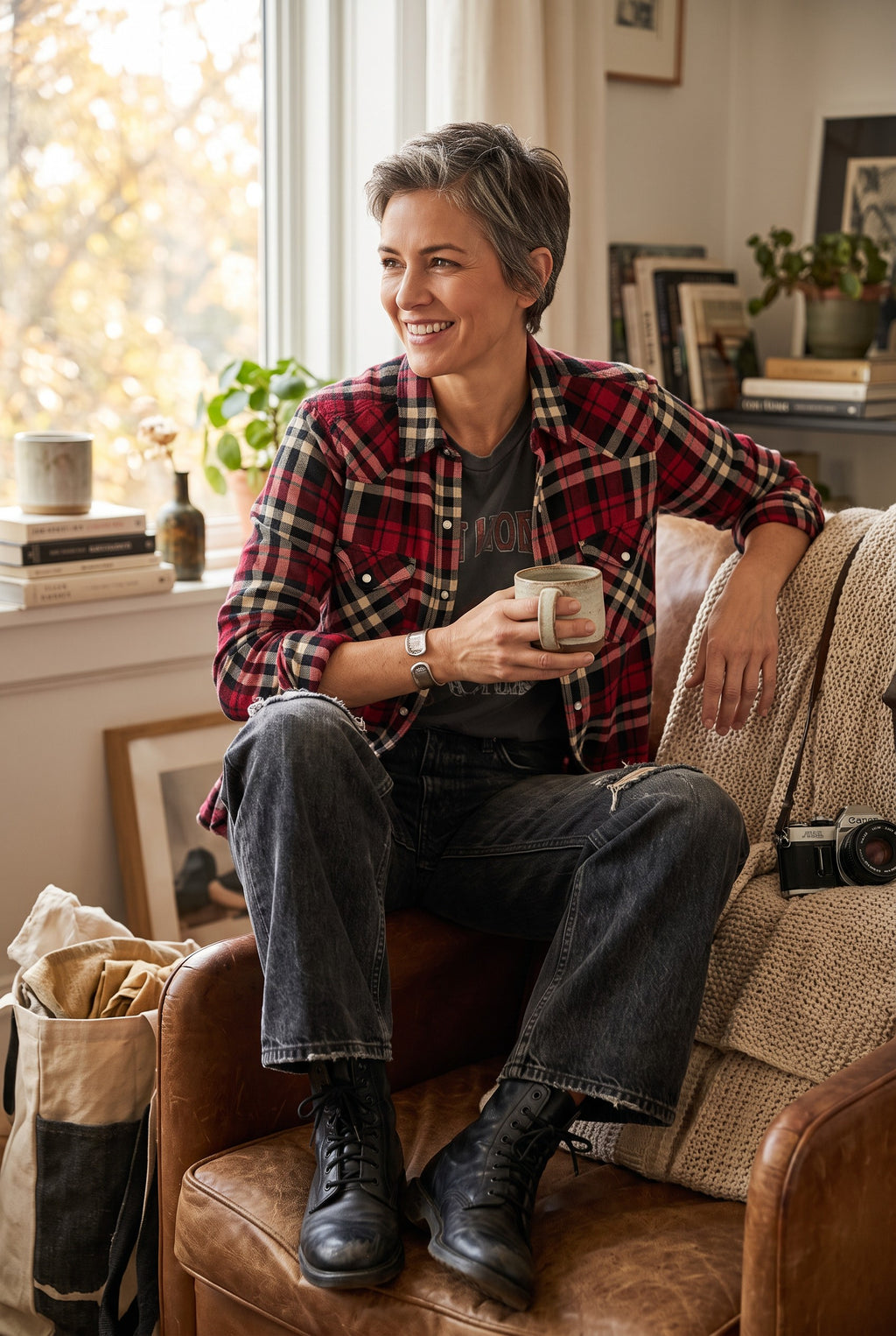 Golden by TNA Women's Red Plaid Flannel Snap Front Shirt | Size Small | 100% Cotton on ai woman dressed grunge sitting on edge of leather chair