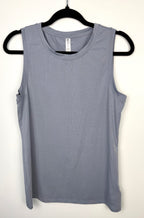 Grey Athleta Vital Tank 2.0 sleeveless top, lightweight performance fabric, minimalist athletic layering piece on hanger