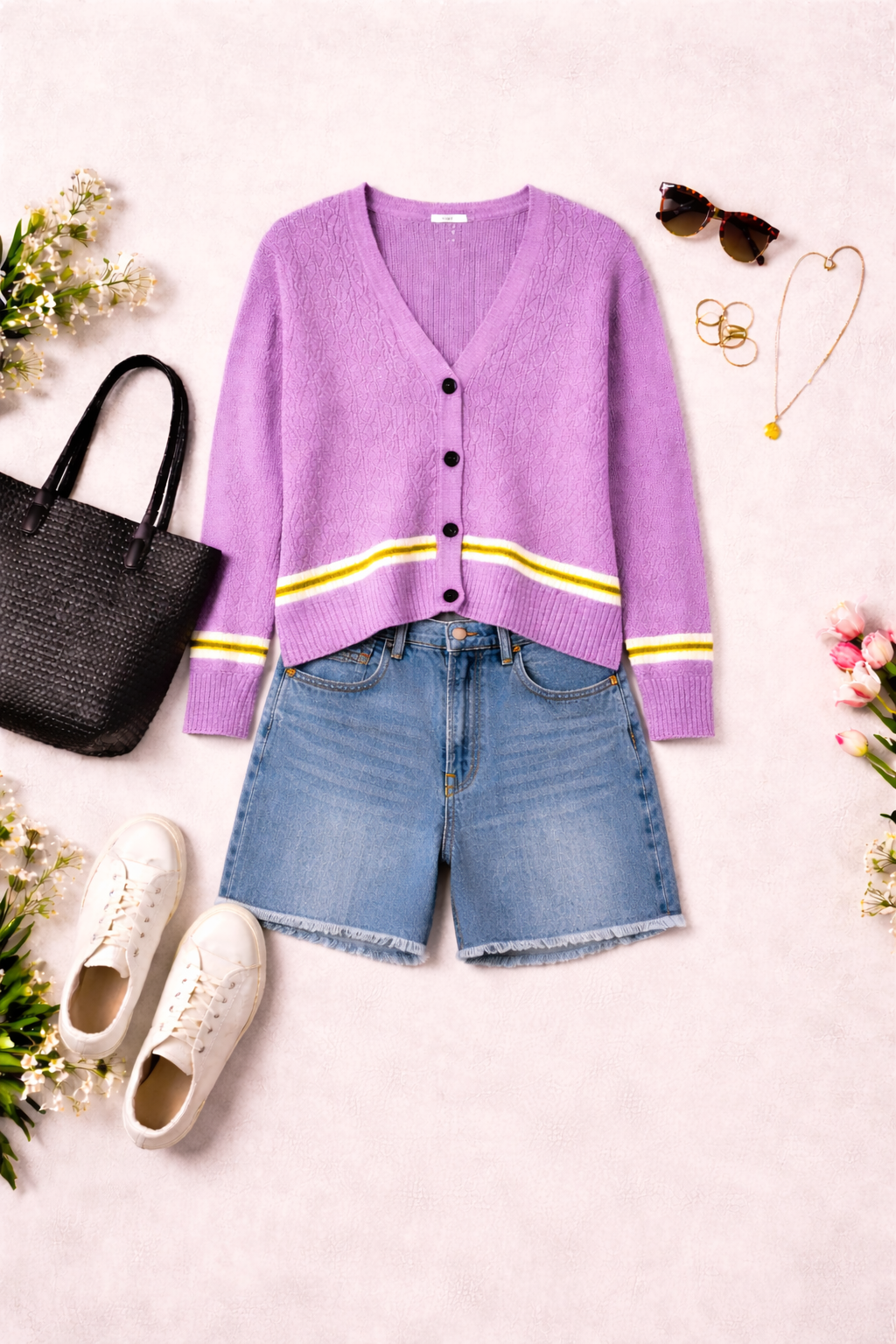 Guzzo 1969 Handmade Cardigan | Size XXL at Blue Sparrow Shop on flatlay with shorts, shoes, purse