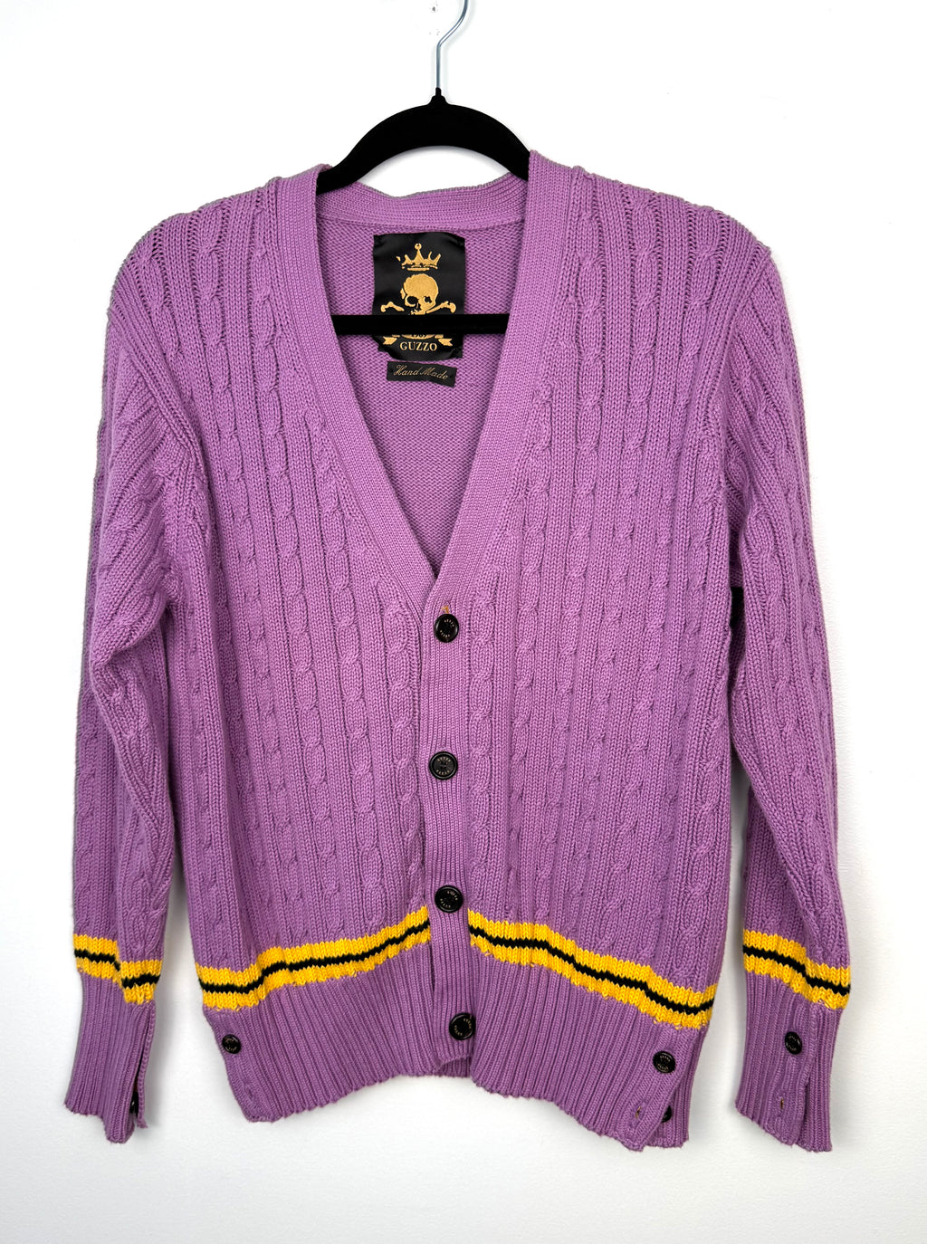 Guzzo 1969 handmade lilac cable knit cardigan XXL UK made cotton sweater with yellow and black stripe detail
