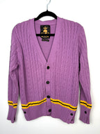 Guzzo 1969 handmade lilac cable knit cardigan XXL UK made cotton sweater with yellow and black stripe detail