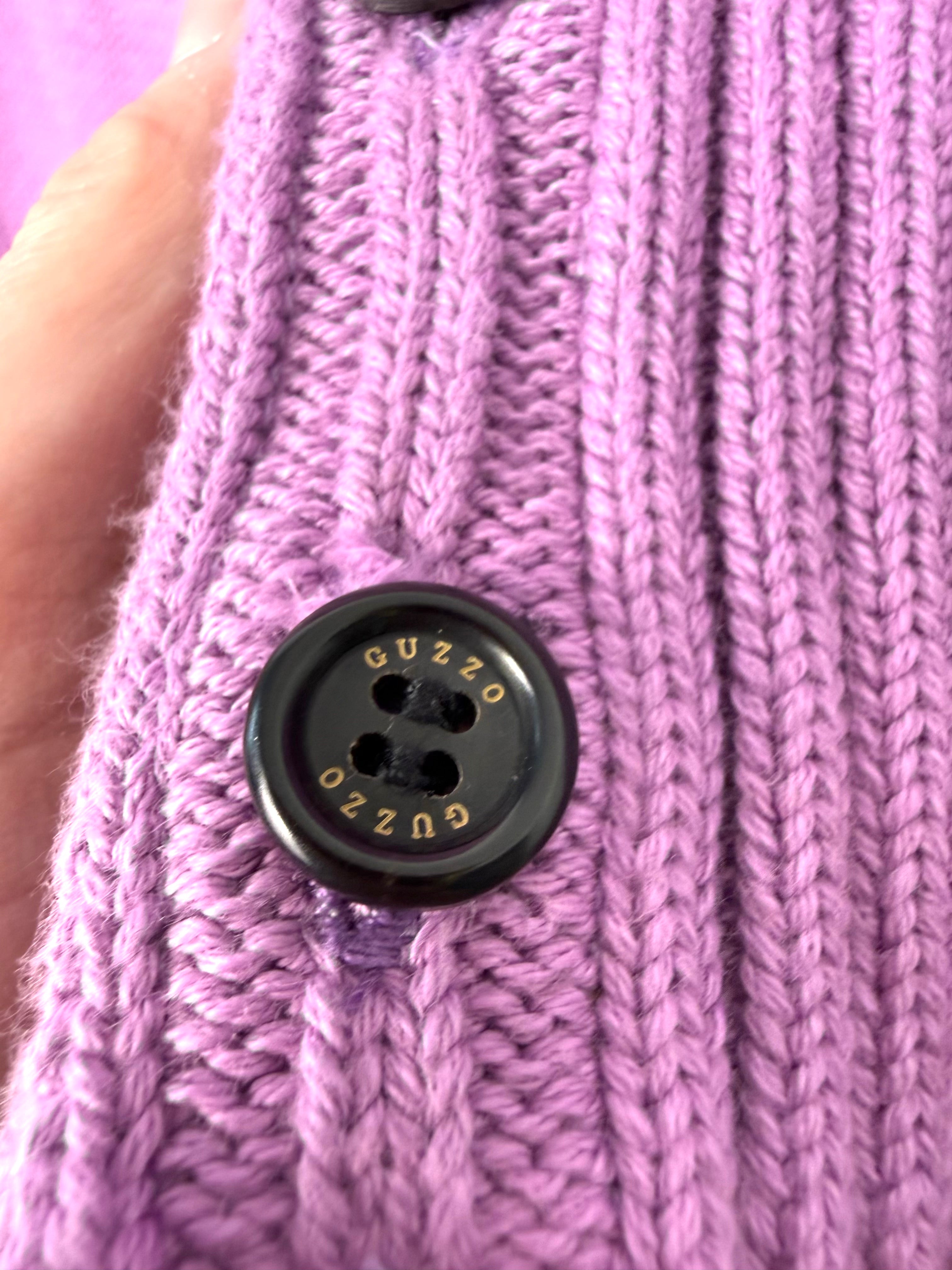 Guzzo buttons on  Guzzo 1969 handmade lilac cable knit cardigan XXL UK made cotton sweater with yellow and black stripe detail
