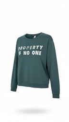 H&M Divided teal green 100% cotton graphic crew neck sweatshirt with "Property of No One" distressed white lettering, front view on hanger — Blue Sparrow pre-loved women's fashion