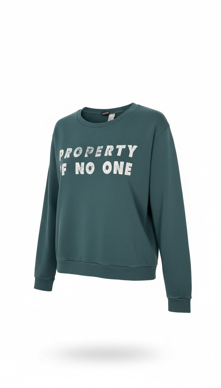 H&M Divided teal green 100% cotton graphic crew neck sweatshirt with "Property of No One" distressed white lettering, front view on hanger — Blue Sparrow pre-loved women's fashion
