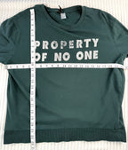 H&M Divided teal green 100% cotton graphic crew neck sweatshirt with "Property of No One" distressed white lettering, front view on hanger — Blue Sparrow pre-loved women's fashion measuring 40" bust and 23" shoulder to hem 