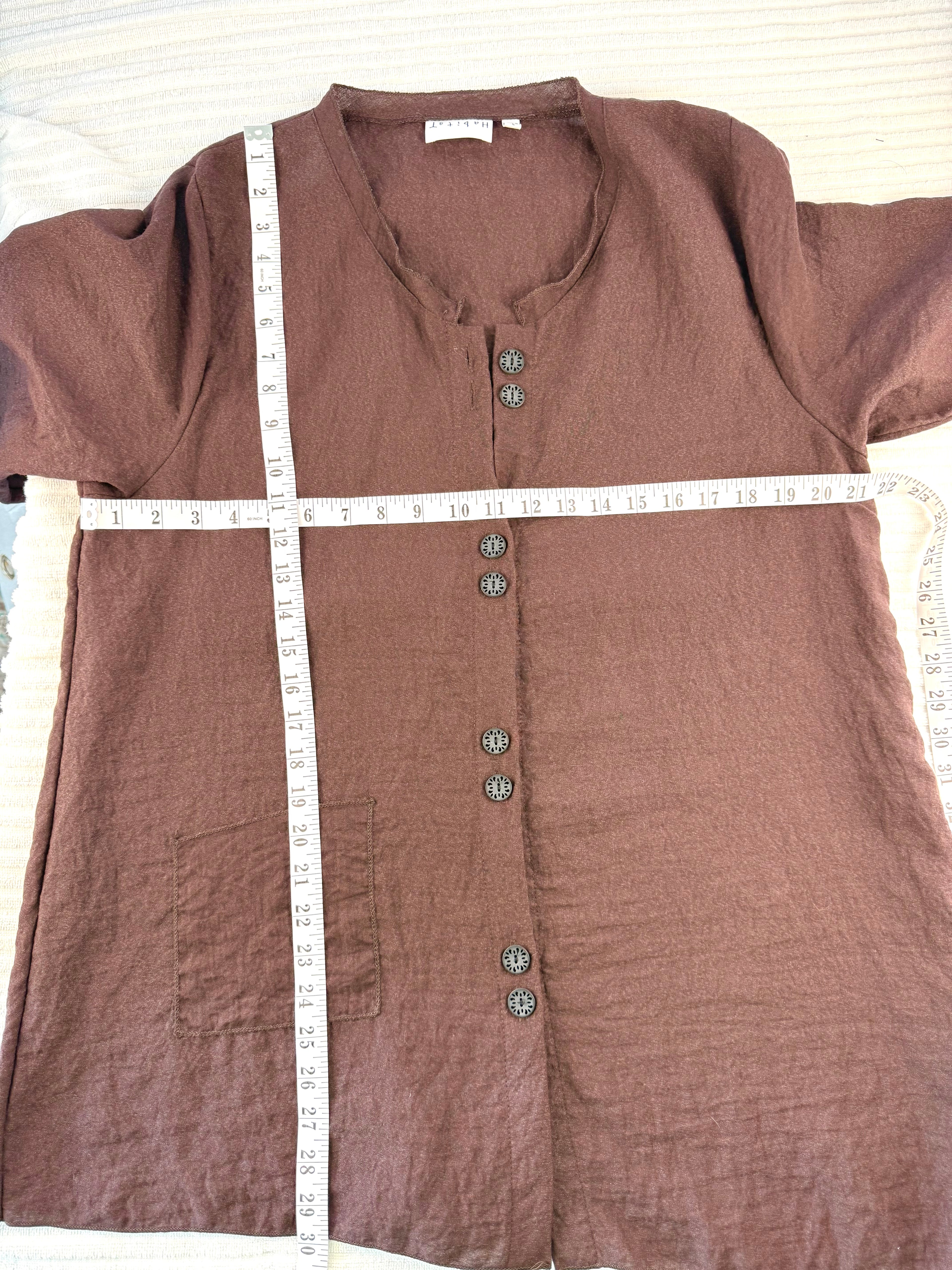 Habitat Button-Front Tunic | Size L  at Blue Sparrow Shop measuring 42" bust and 30" shoulder to hem on short side