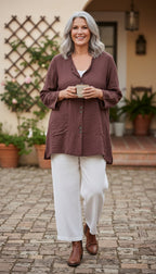 Habitat Button-Front Tunic | Size L  at Blue Sparrow Shop on woman outside on her patio
