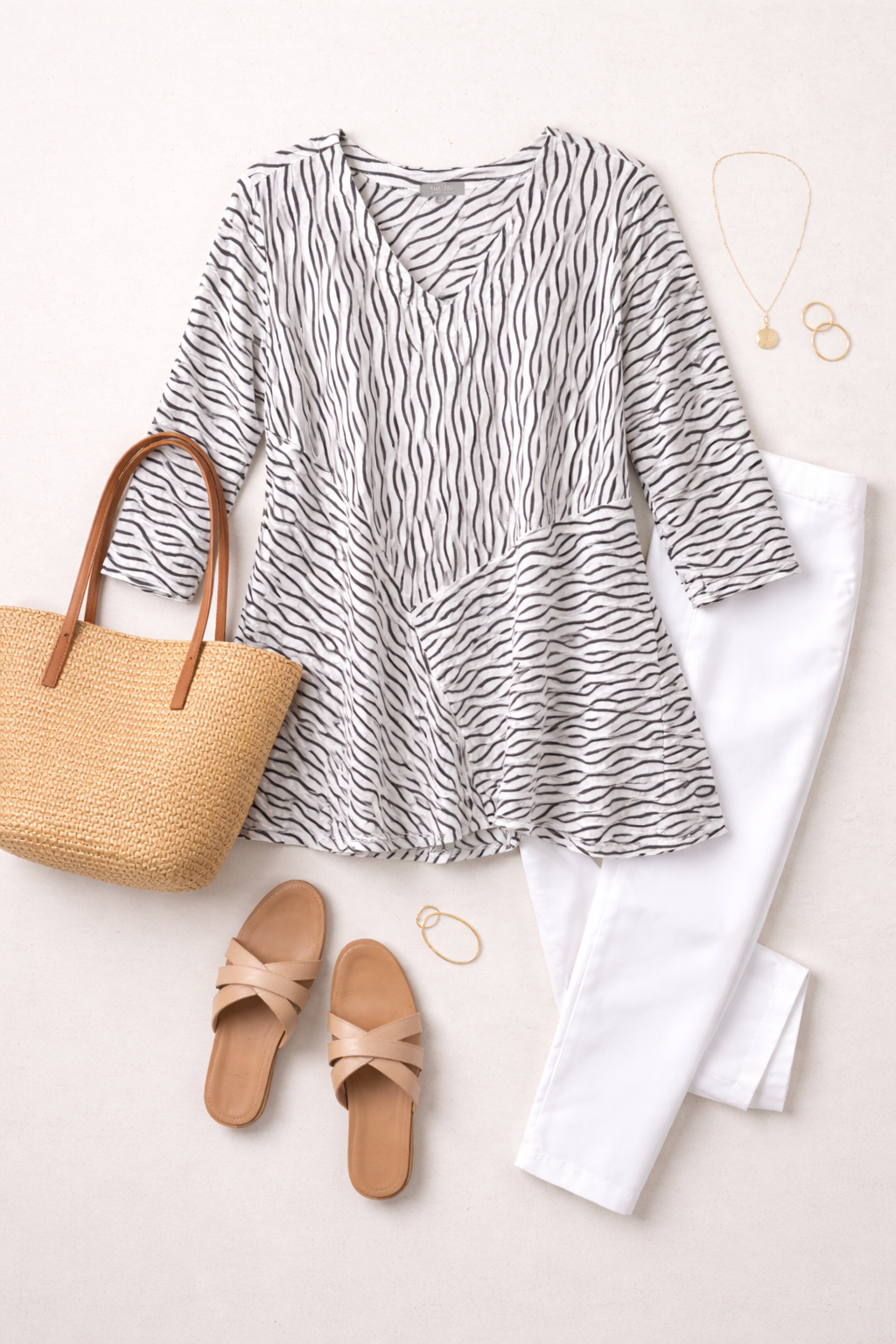 Habitat Clothes to Live in Striped Tunic Top | Size XL at Blue Sparrow Shop on flatlay with bag, pants, sandals
