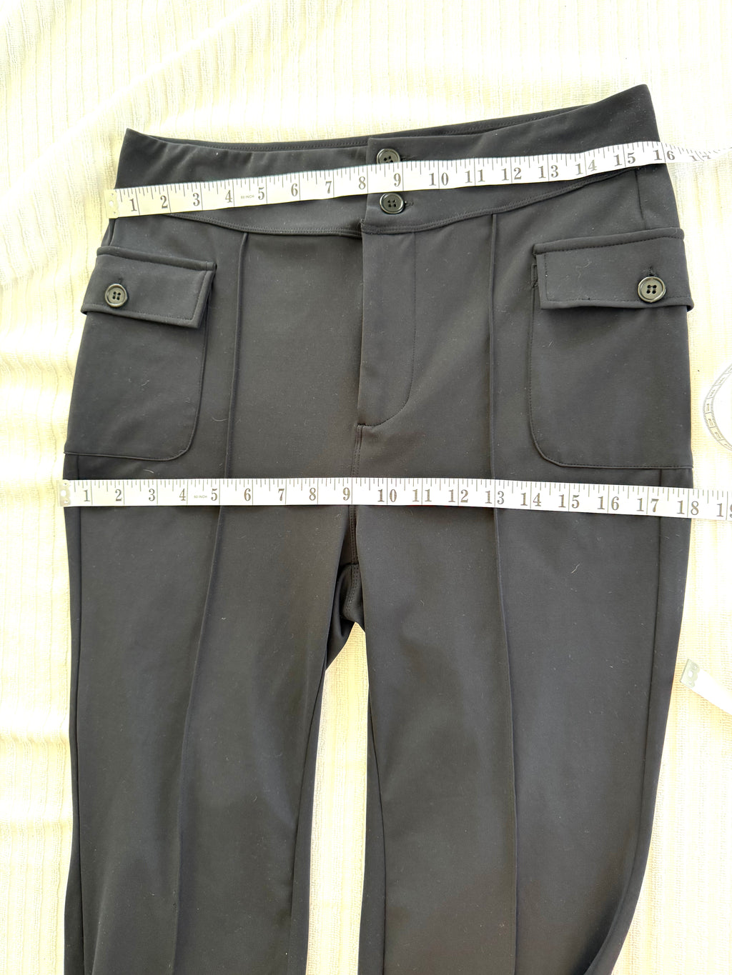 Halara Flared Petite Black Stretch Pants | Size L at Blue Sparrow Shop measuring 32" waist and 36' hips
