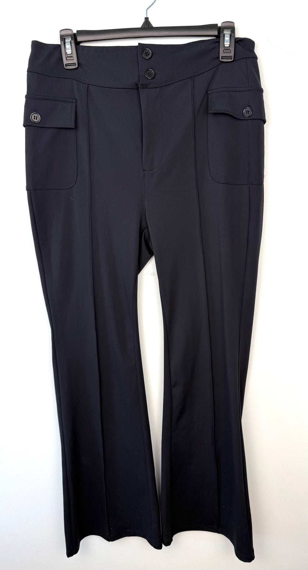 Halara Flared Petite Black Stretch Pants | Size L at Blue Sparrow Shop on hanger