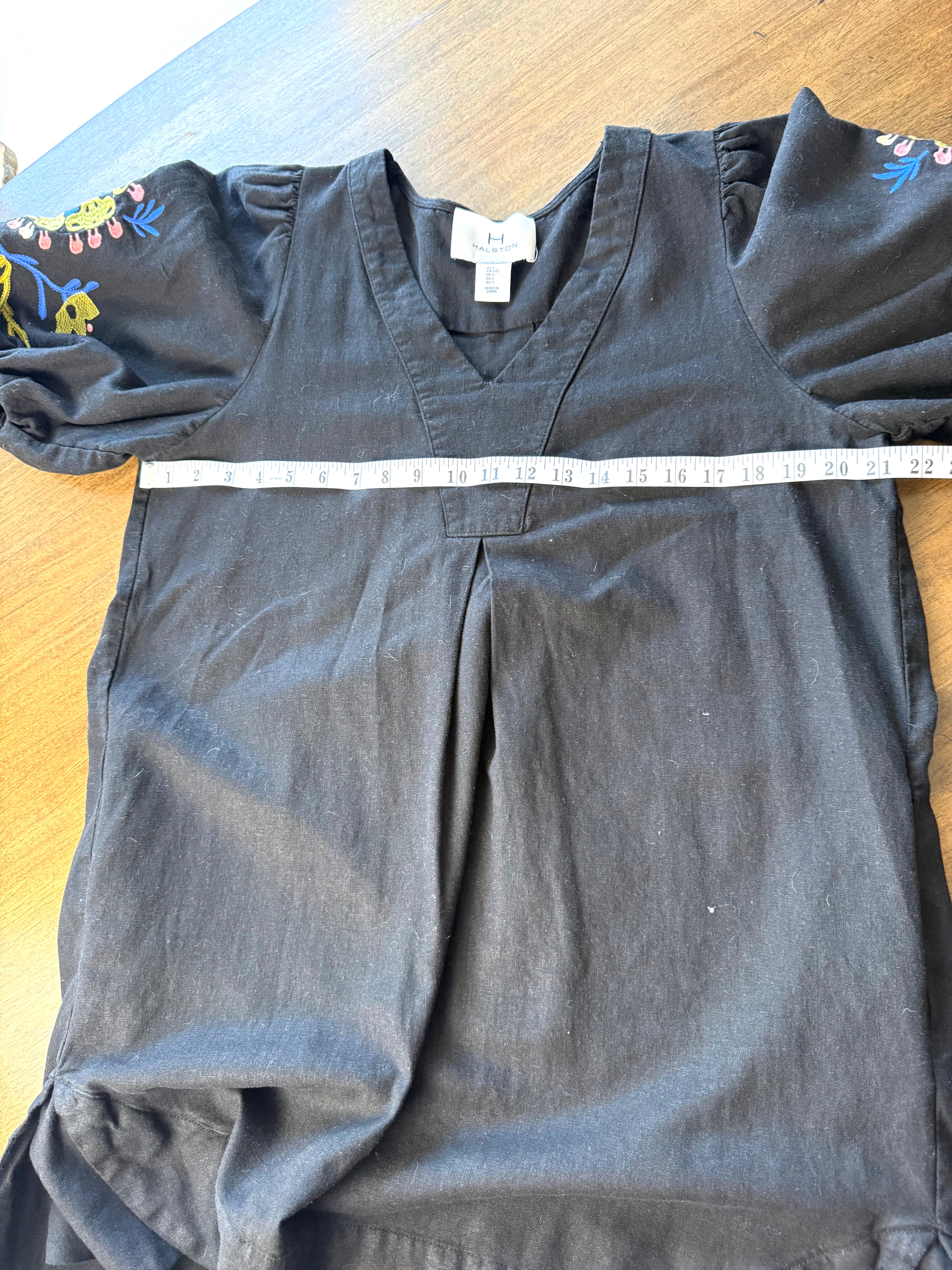 Halston Embroidered Linen Blend Dress at Blue Sparrow Shop measuring 42" bust