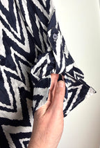 Hamptons style navy and white lightweight summer top by Chico's cuff detail 
