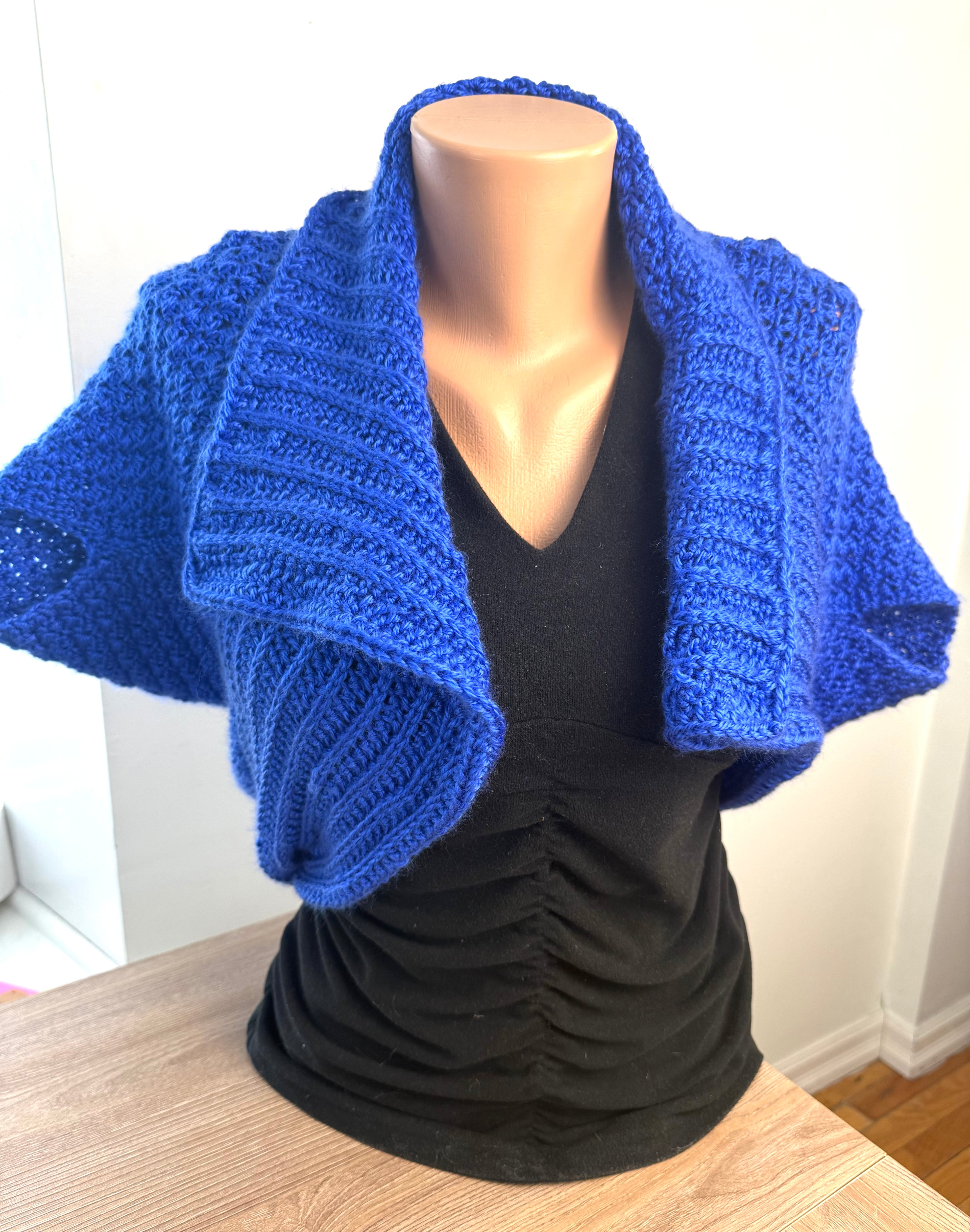 Hand Knit Bolero Convertible Shrug on mannequin reversed side up 