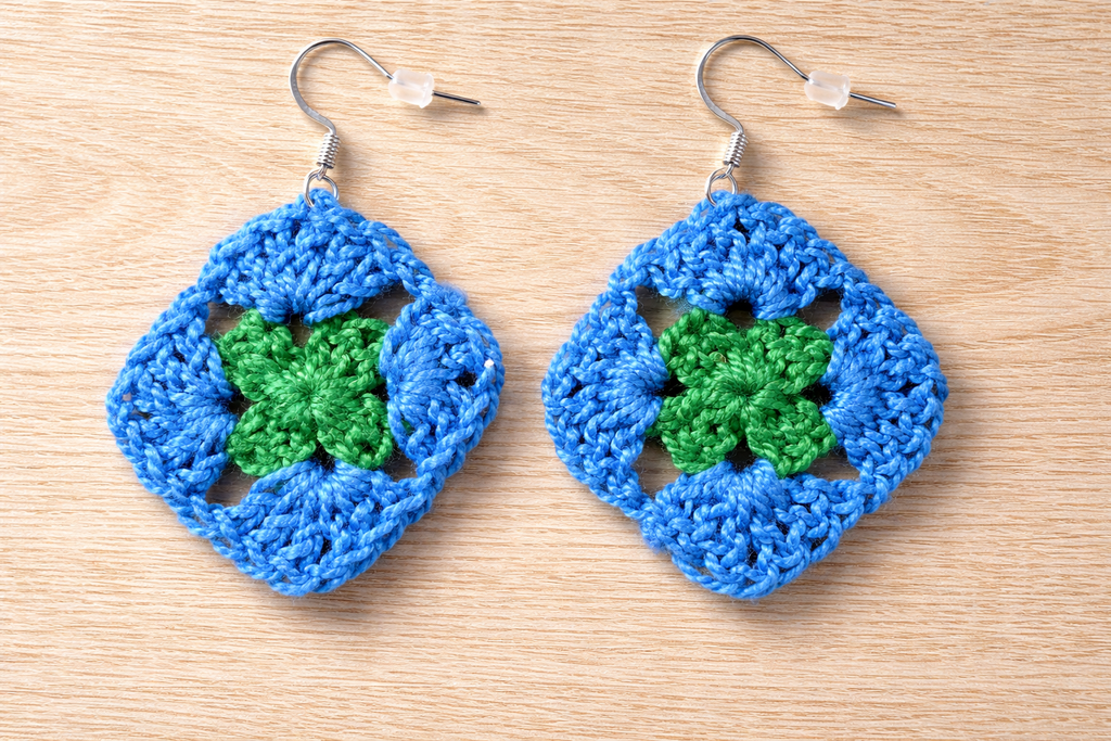 Hand crocheted square earrings at Blue Sparrow Shop