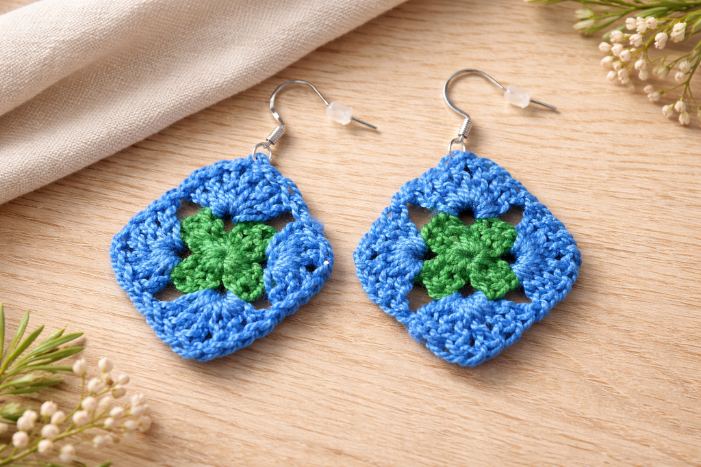 Hand crocheted square earrings at Blue Sparrow Shop 2