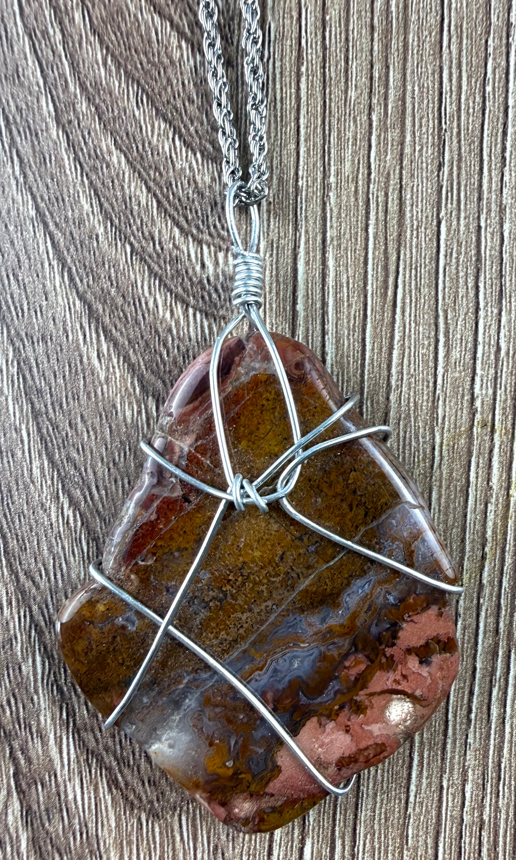 Handcrafted wire-wrapped genuine jasper stone pendant necklace on silver rope chain at Blue Sparrow Shop - close up of pendant 