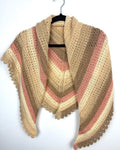 Handknit artisan cottagecore triangle shawl neutral sand cream blush stripe scalloped edge — new — Blue Sparrow women's accessories on hanger