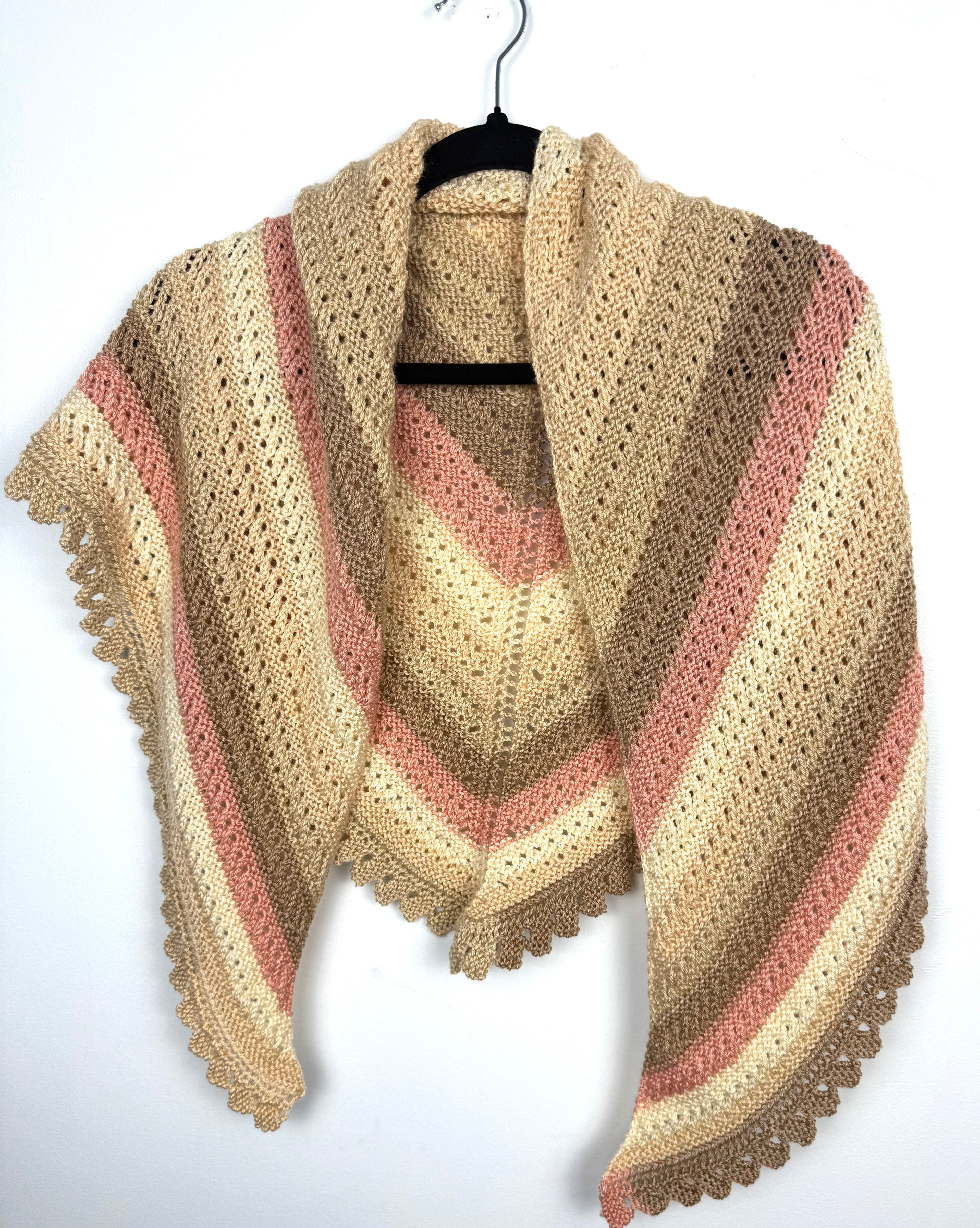 Handknit artisan cottagecore triangle shawl neutral sand cream blush stripe scalloped edge — new — Blue Sparrow women's accessories on hanger