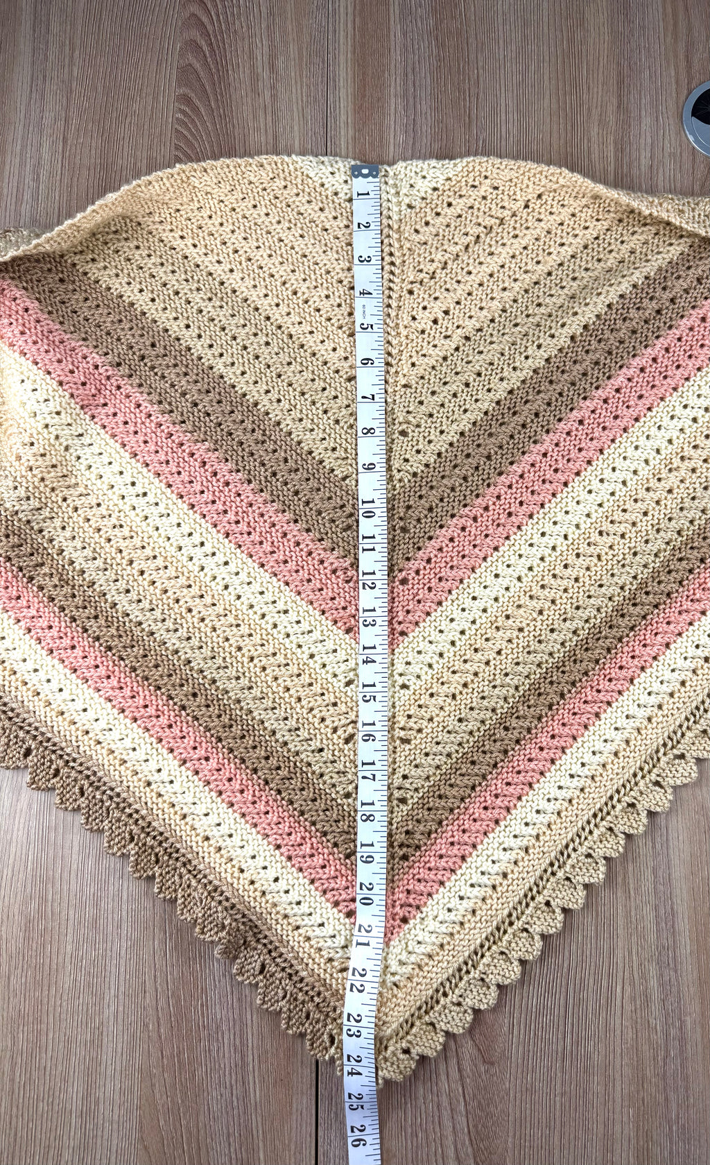 Handknit artisan cottagecore triangle shawl neutral sand cream blush stripe scalloped edge — new — Blue Sparrow women's accessories measuring 25" longest point