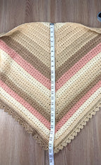 Handknit artisan cottagecore triangle shawl neutral sand cream blush stripe scalloped edge — new — Blue Sparrow women's accessories measuring 25" longest point