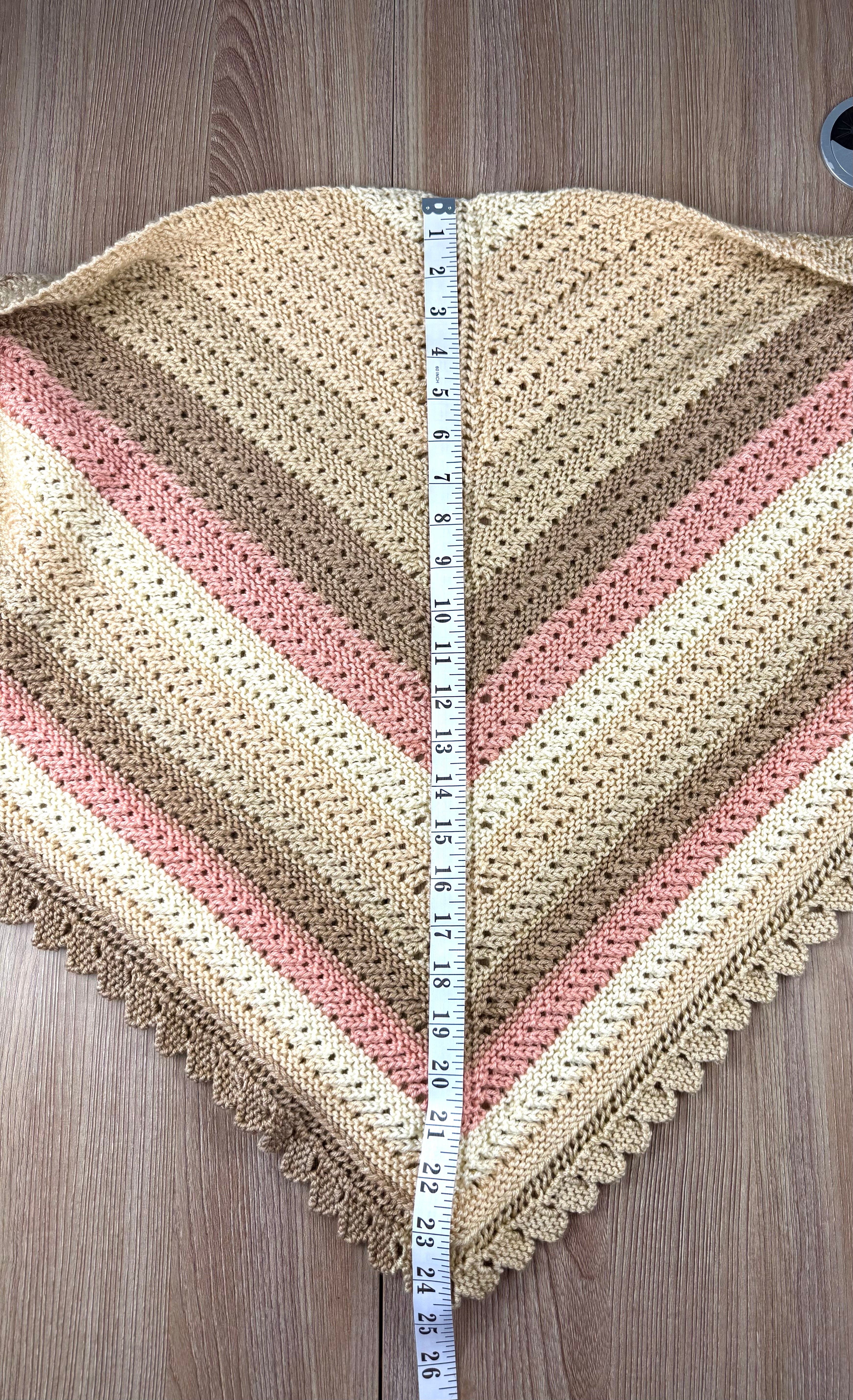 Handknit artisan cottagecore triangle shawl neutral sand cream blush stripe scalloped edge — new — Blue Sparrow women's accessories measuring 25" longest point