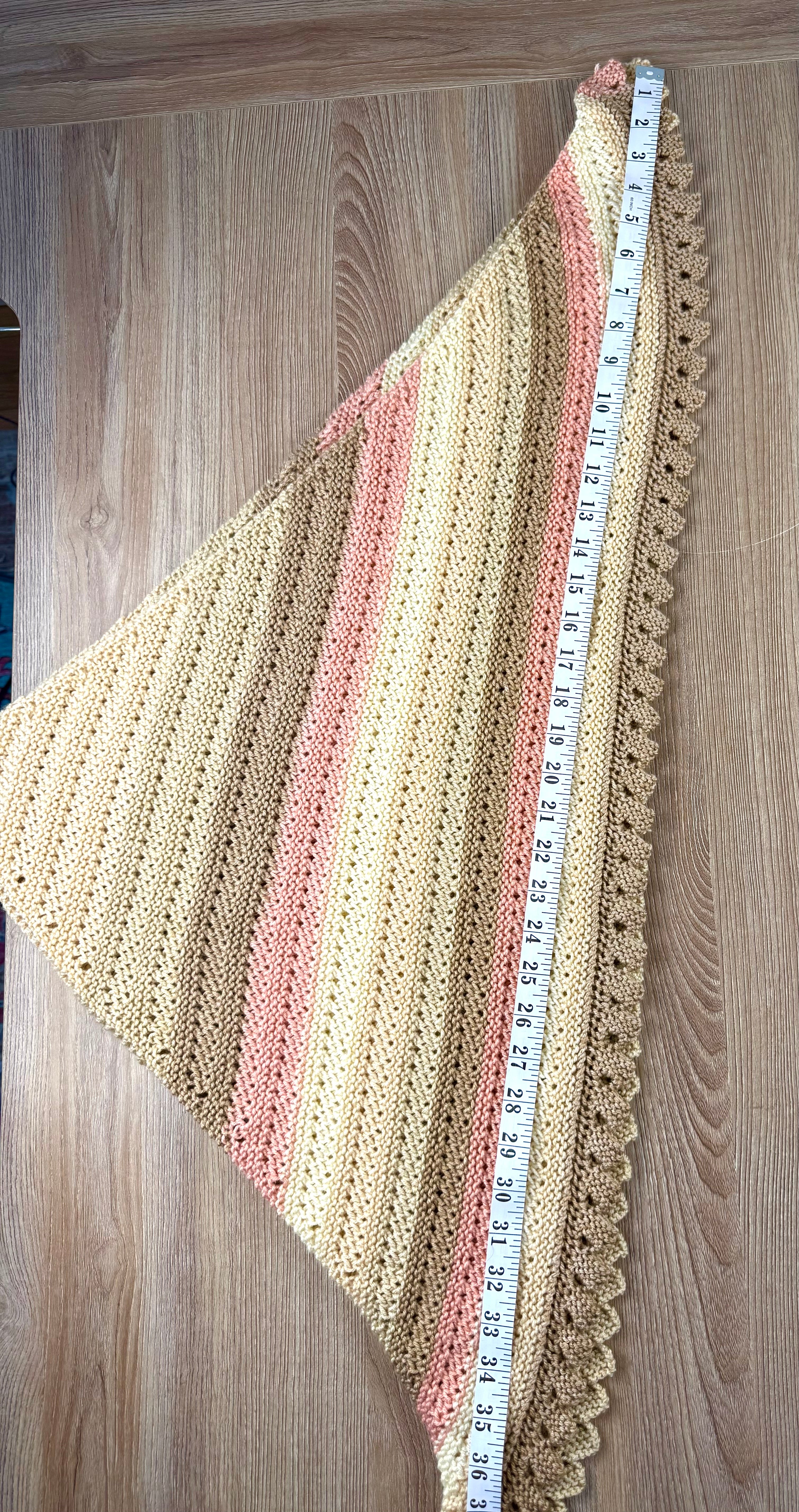 Handknit artisan cottagecore triangle shawl neutral sand cream blush stripe scalloped edge — new — Blue Sparrow women's accessories measuring 76" wide - this is folded in half