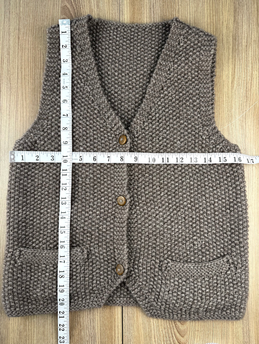 Handmade Chunky knit Button-Front Vest at Blue Sparrow Shop measuring 32" bust and 21" shoulder to hem 