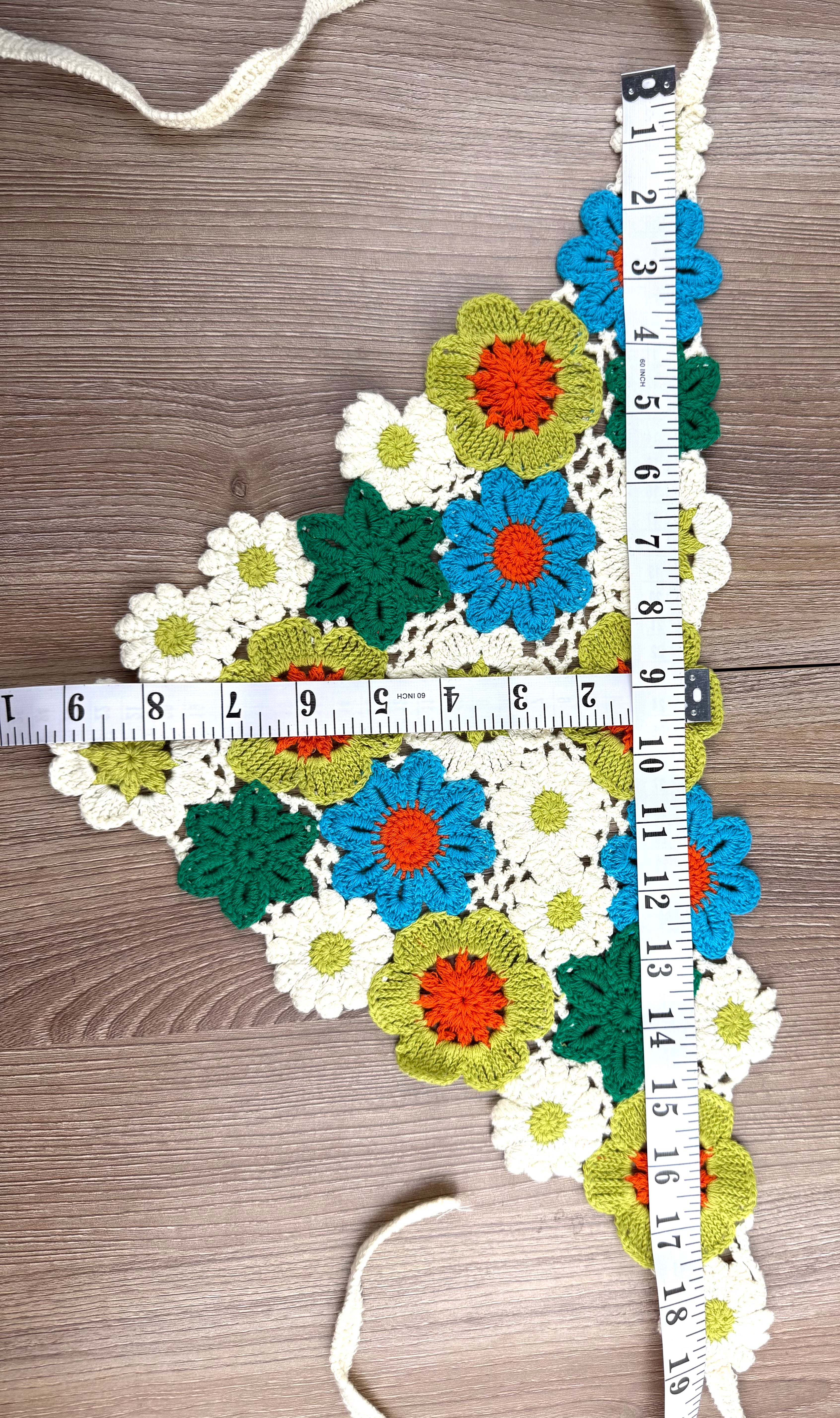 Handmade Cottagegore Crochet Flower Collar or Kerchief measuring 19" wide and 9.5" long at longest point 