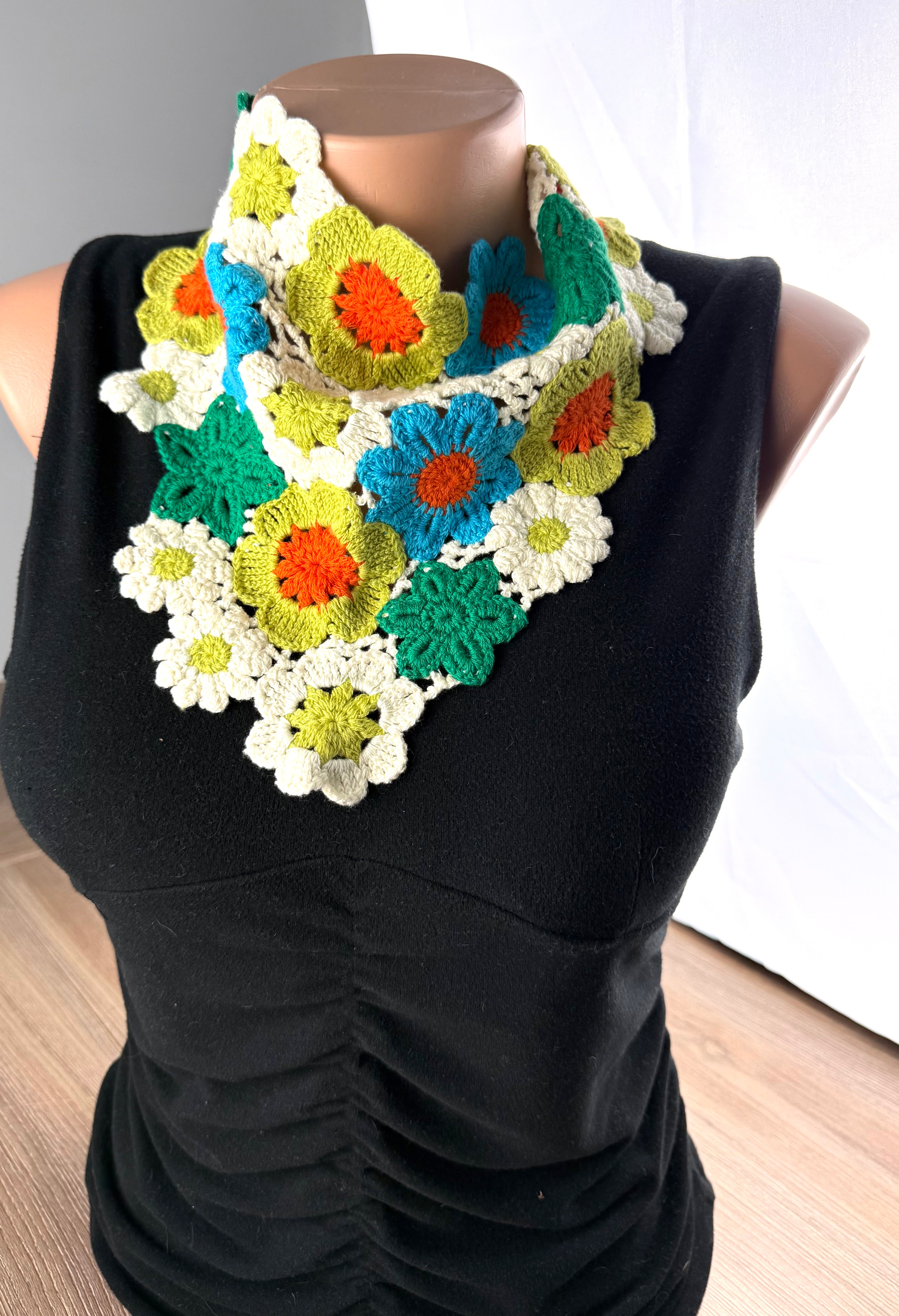 Handmade Cottagegore Crochet Flower Collar or Kerchief  on mannequin 
