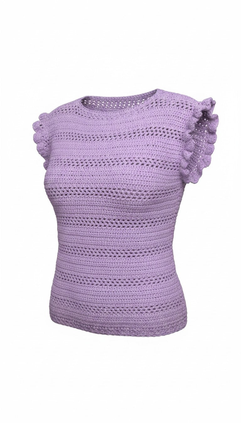 Handmade Crochet Top | Flutter Sleeve | Size L at Blue Sparrow Shop
