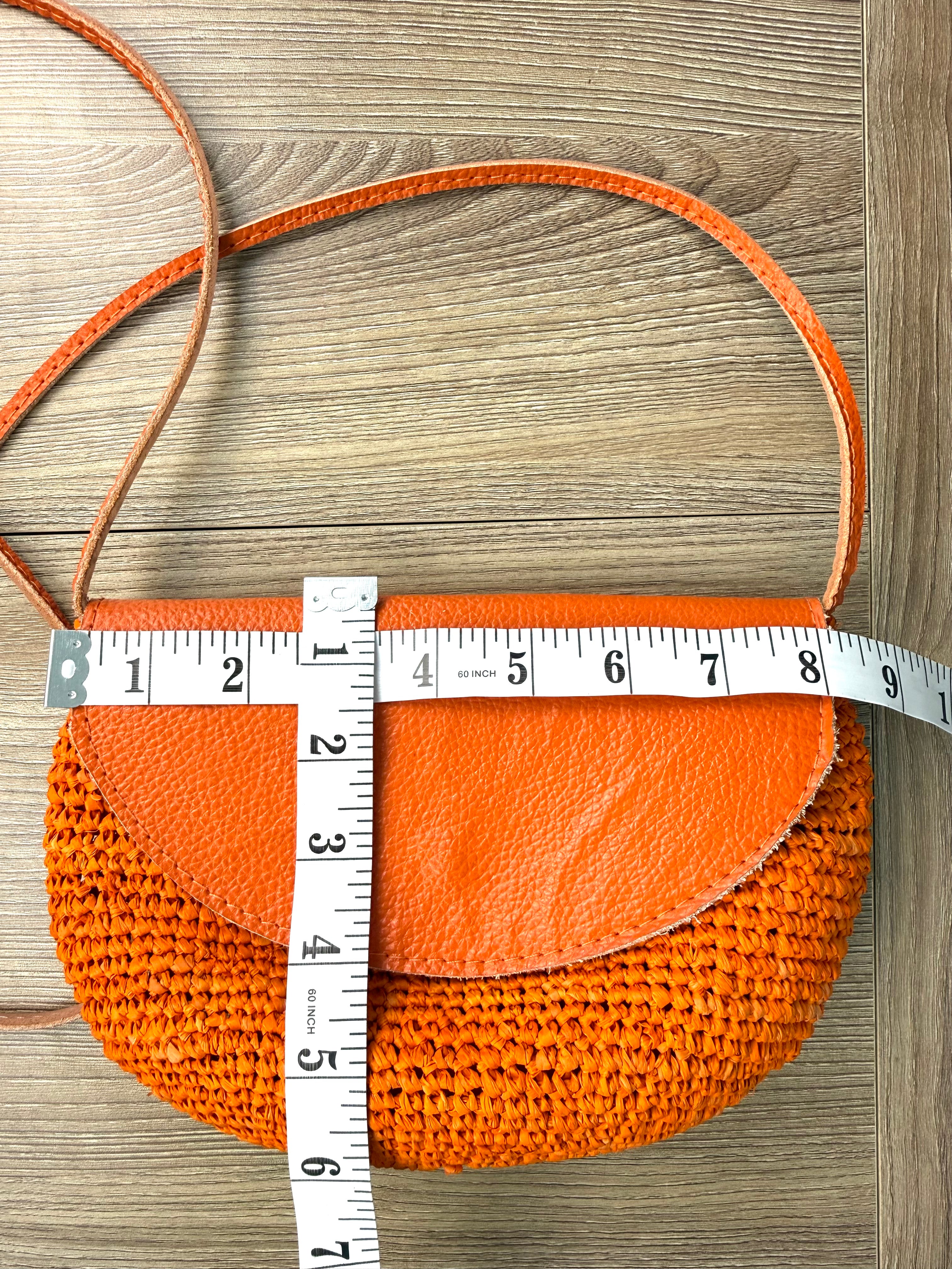 Handmade Madagascar 100% raffia orange crossbody bag leather flap  measuring 8" by 6"