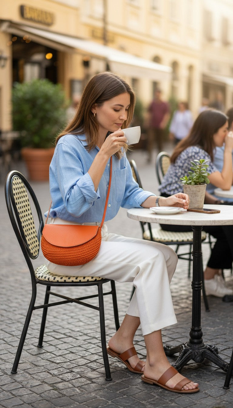 Handmade Madagascar 100% raffia orange crossbody bag leather flap  on woman at cafe 