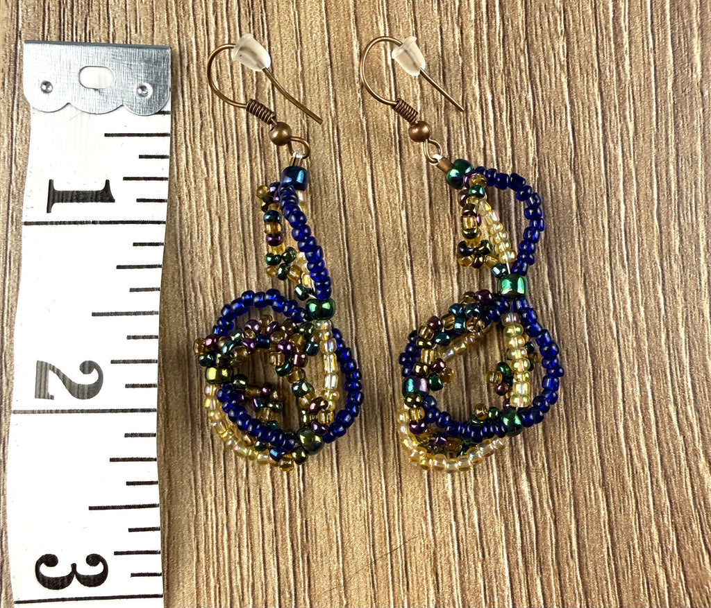 Handmade Seed Bead Dangle Earrings in blue and gold  measuring approx 2.5"