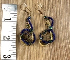 Handmade Seed Bead Dangle Earrings in blue and gold  measuring approx 2.5"