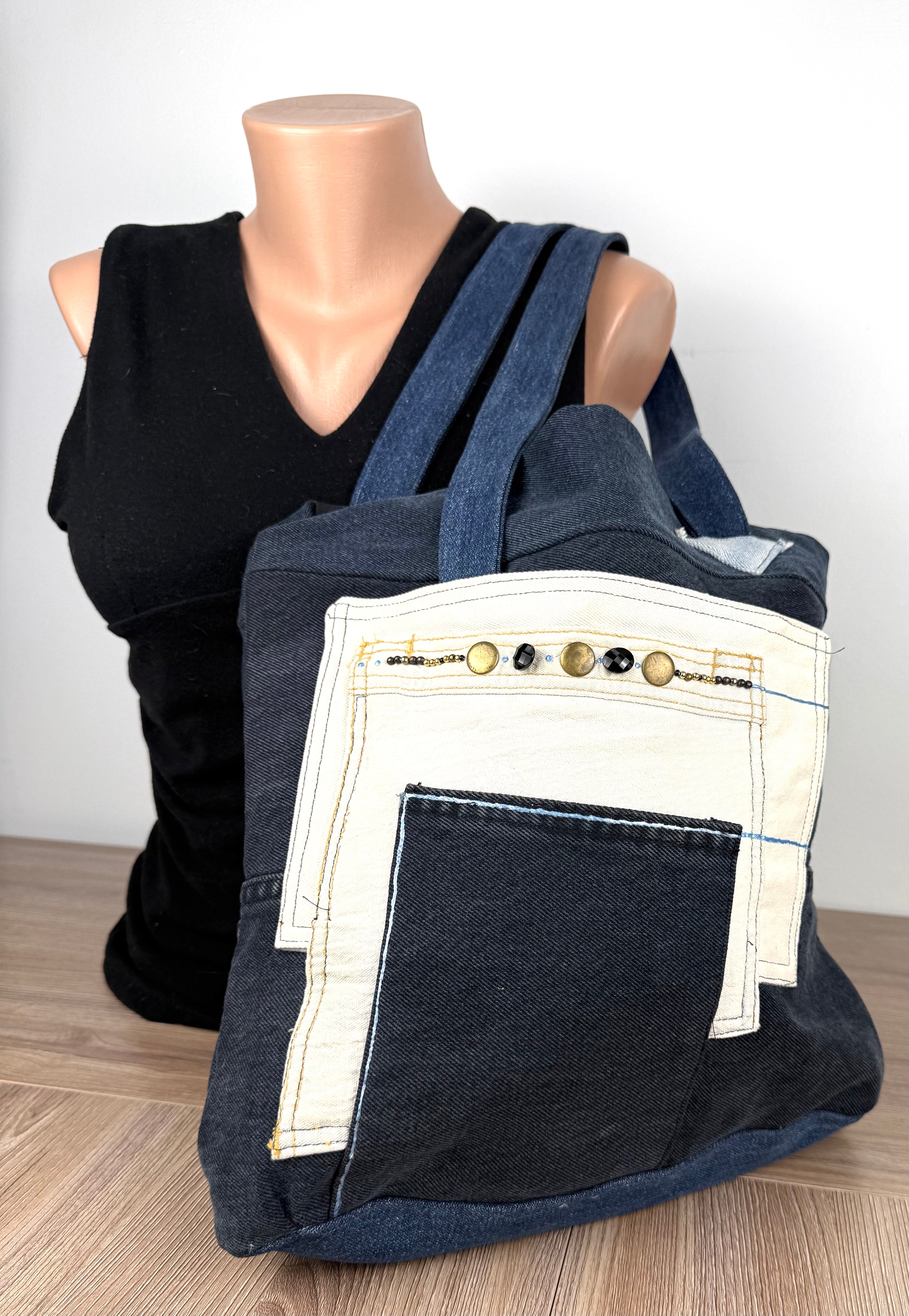 Handmade Upcycled Denim Patchwork Tote Bag  with mannequin to show size