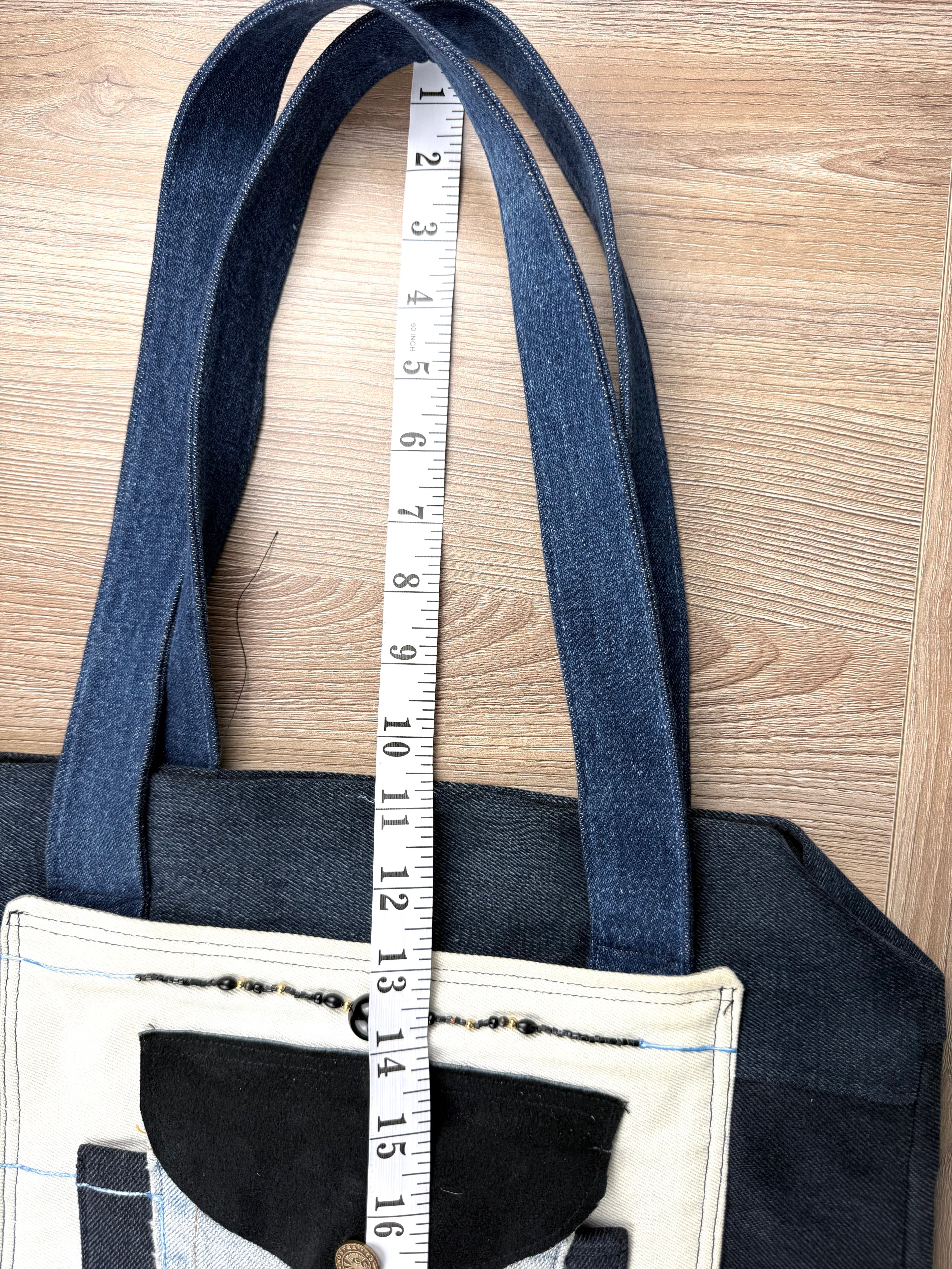 Handmade Upcycled Denim Patchwork Tote Bag  measuring 11" handle drop 